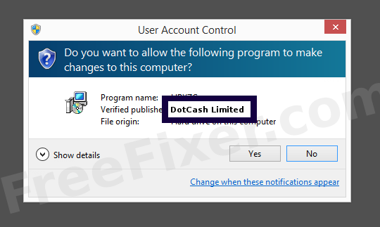 Screenshot where DotCash Limited appears as the verified publisher in the UAC dialog